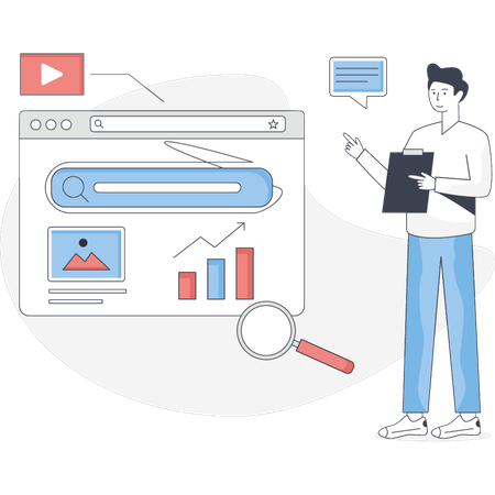 El niño explica la estrategia de SEO.  Ilustración