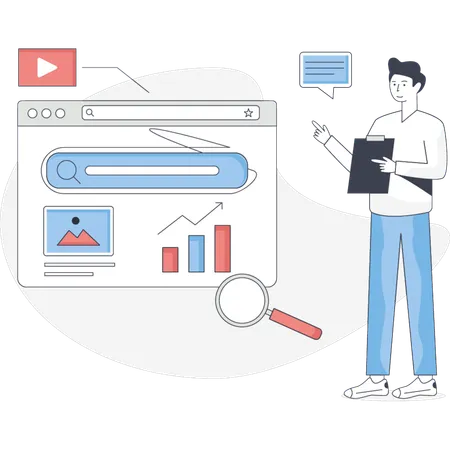 El niño explica la estrategia de SEO.  Ilustración