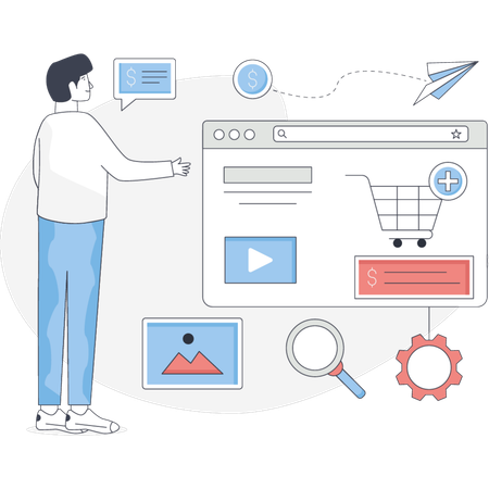 El niño está mostrando el SEO del comercio electrónico.  Ilustración
