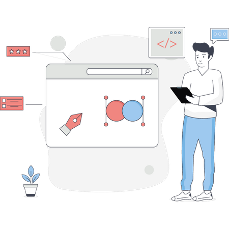 El niño está mostrando el diseño de UI/UX.  Ilustración