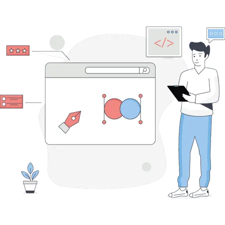 El niño está mostrando el diseño de UI/UX.  Ilustración