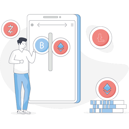 El niño muestra la conversión de criptomonedas.  Illustration