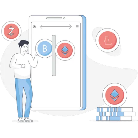 El niño muestra la conversión de criptomonedas.  Illustration