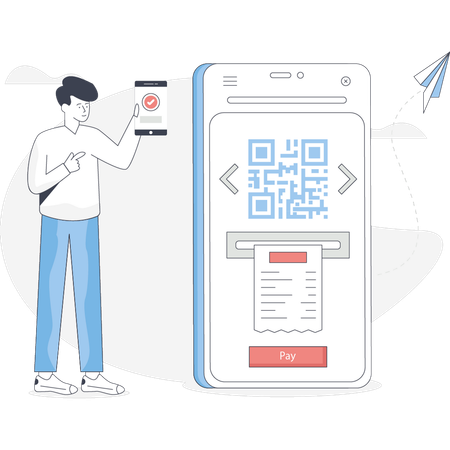 El niño está pagando la factura con un código QR  Ilustración