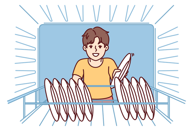 El niño pone los platos en el lavavajillas  Ilustración