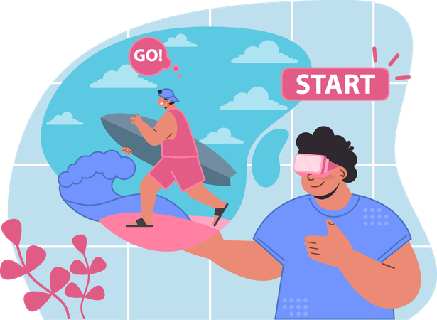 El niño practica surf acuático usando gafas VR  Ilustración
