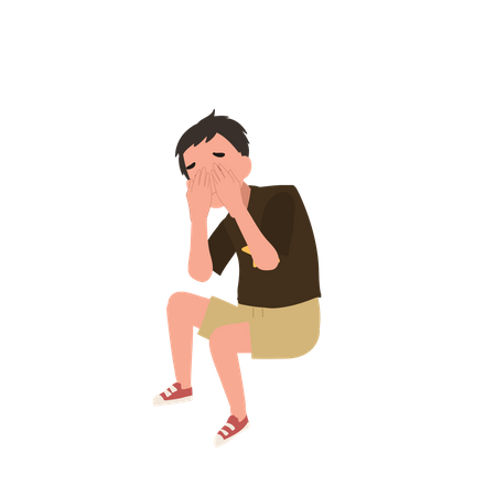 El niño se puso las manos en los ojos y sufrió dolor.  Ilustración