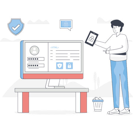 El niño está accediendo a servicios de seguridad cibernética en la computadora.  Ilustración