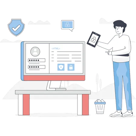 El niño está accediendo a servicios de seguridad cibernética en la computadora.  Ilustración