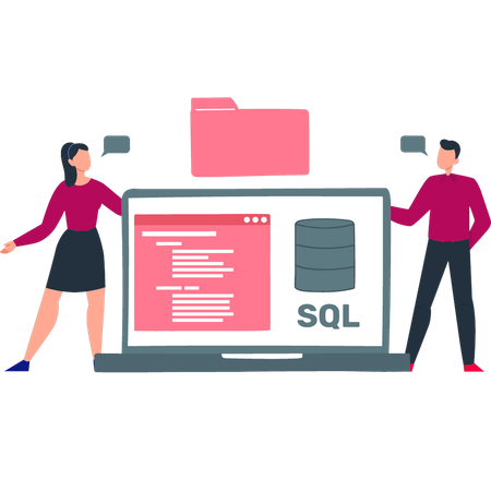 El niño y la niña muestran la base de datos SQL en la computadora portátil  Ilustración