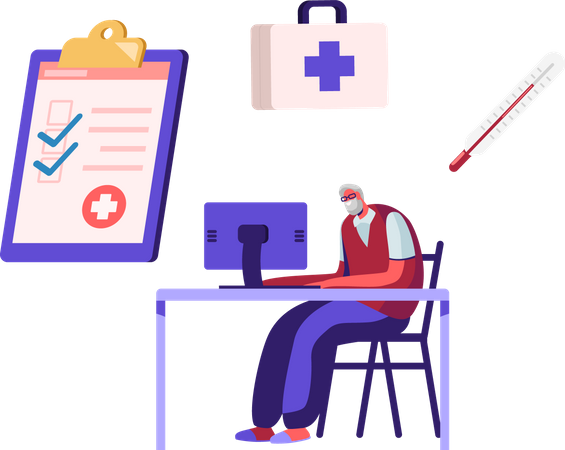 El paciente inserta datos médicos en la computadora  Ilustración