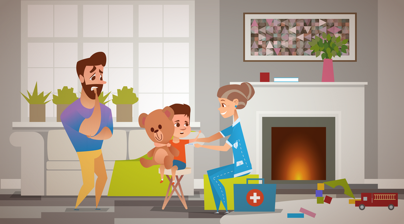 El padre está muy preocupado y temeroso por su hijo y la anciana doctora de un niño mide la temperatura del niño.  Illustration