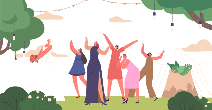 El alegre personaje de la novia lanza juguetonamente su ramo a sus amigos solteros  Ilustración