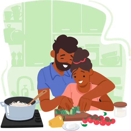 El personaje de un padre amoroso guía pacientemente a su curiosa hija a través del arte de cocinar en una cálida cocina  Ilustración