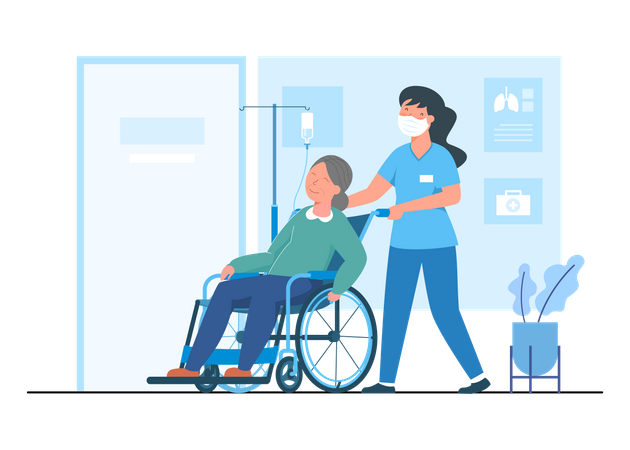 El personal del hospital proporciona sillas de ruedas a los pacientes  Ilustración