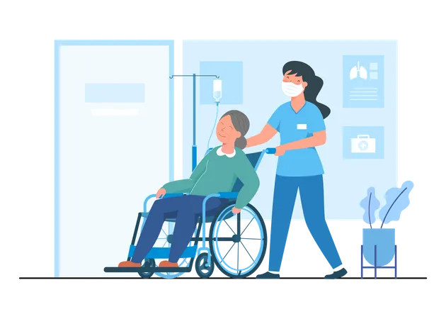 El personal del hospital proporciona sillas de ruedas a los pacientes  Ilustración