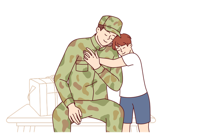 El regreso a casa de un soldado que sirvió en el ejército y se regocija por el tan esperado encuentro con su hijo.  Ilustración