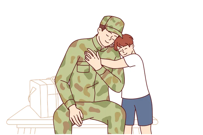 El regreso a casa de un soldado que sirvió en el ejército y se regocija por el tan esperado encuentro con su hijo.  Ilustración