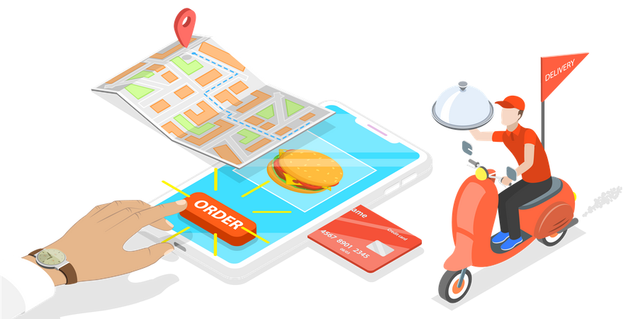 El repartidor proporciona un servicio de entrega rápida en scooter  Ilustración
