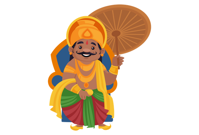 El rey Mahabali sostiene un paraguas en la mano y está sentado en el trono.  Ilustración
