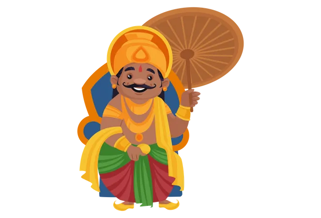 El rey Mahabali sostiene un paraguas en la mano y está sentado en el trono.  Ilustración
