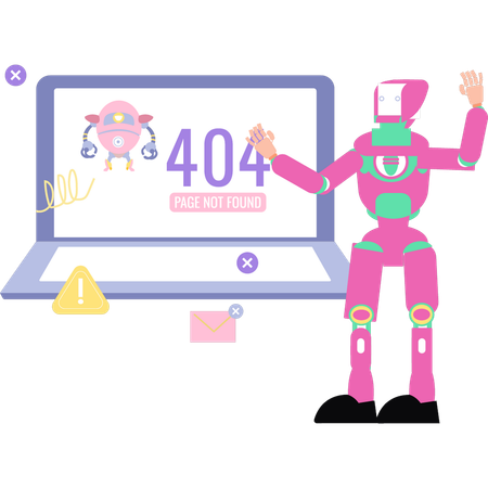 El robot muestra la página de error 404 en la computadora portátil  Ilustración