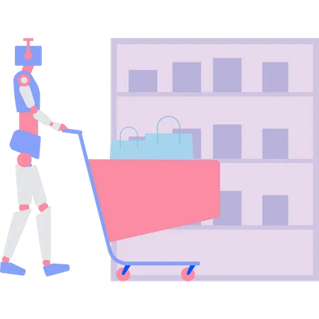El robot lleva un carrito de compras.  Ilustración