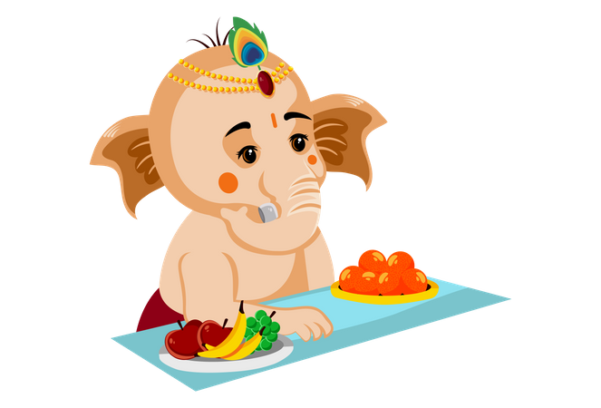 Lord Ganesh está sentado con el laddu y el plato de frutas.  Ilustración