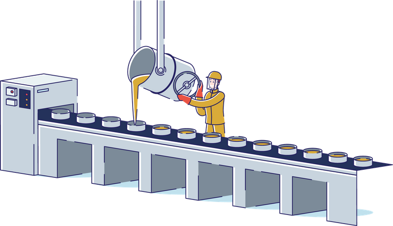 Trabajador controla el proceso de fundición y vertido de metales en el transportador de la planta metalúrgica  Ilustración