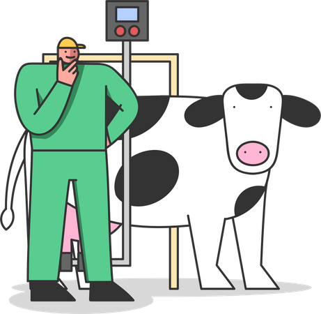 El trabajador de la fábrica controla el proceso de ordeño de vacas y la calidad de la producción en la planta de leche  Ilustración