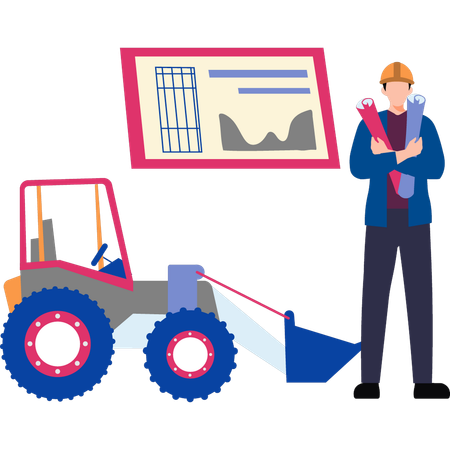 El trabajador está parado al lado del tractor.  Illustration