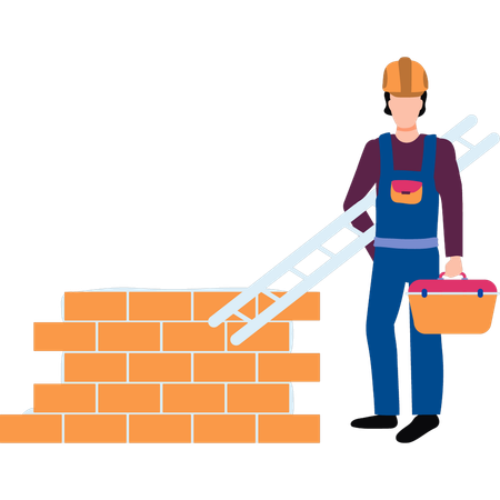El trabajador se encuentra junto a una pared de ladrillos con herramientas  Ilustración