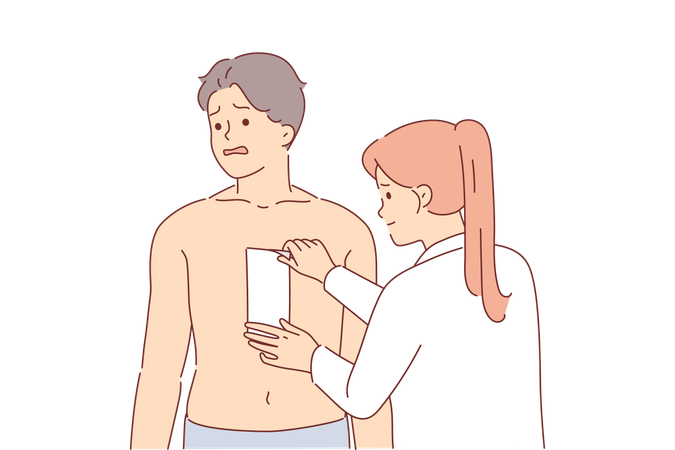 El vello de depilación en el pecho de un hombre que experimenta dolor al rasgar la cinta de cera se encuentra cerca de la cosmetóloga  Ilustración
