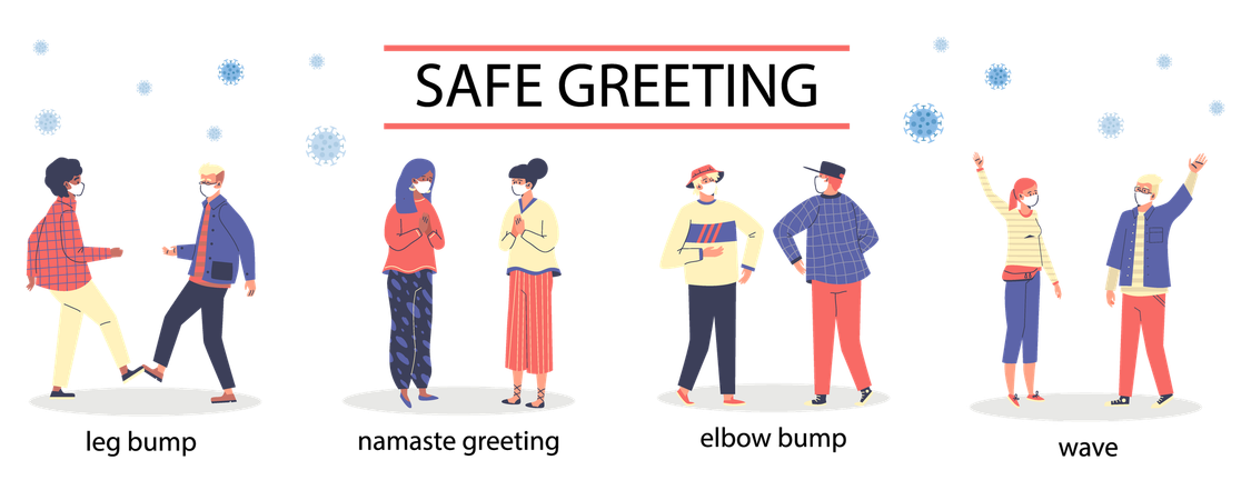 肘をぶつけ、足をぶつけ、ナマステと手を振る  イラスト
