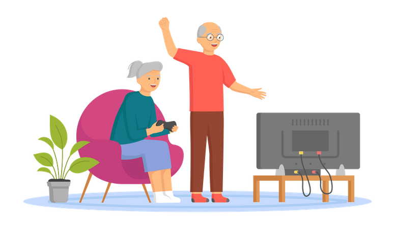 Elder couple cheering and playing video game Illustration