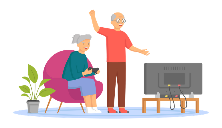 Elder couple cheering and playing video game  Illustration