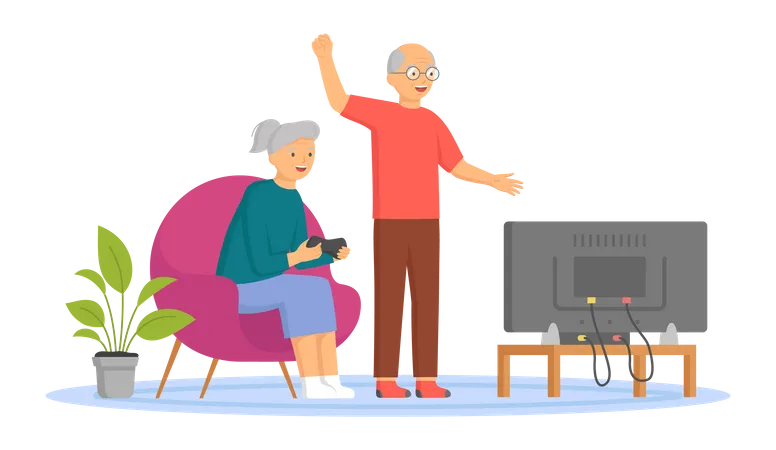 Elder couple cheering and playing video game  Illustration