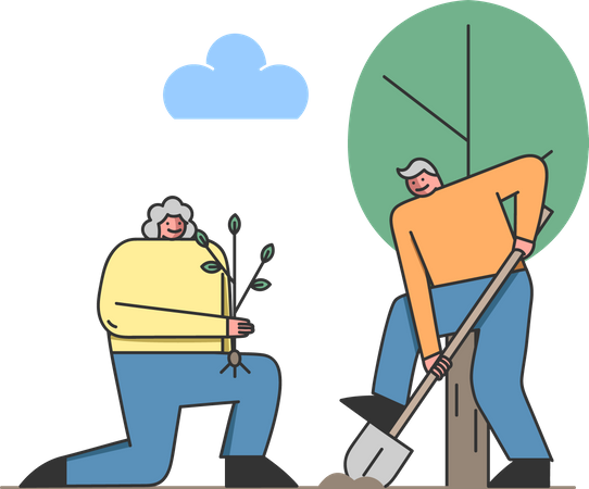 Elder couple doing gardening together Illustration
