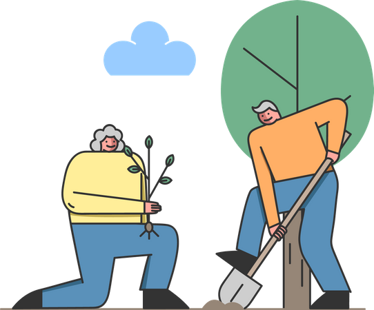 Elder couple doing gardening together  Illustration