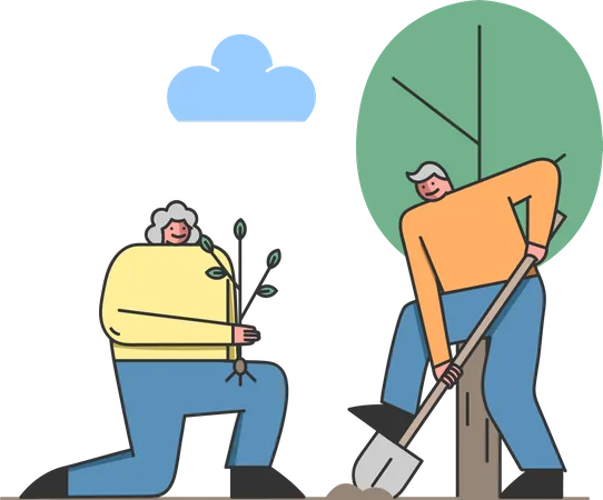 Elder couple doing gardening together  Illustration