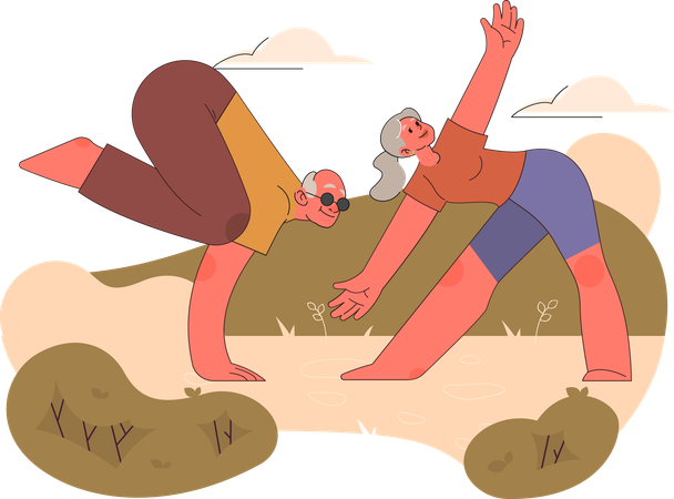 Elder couple doing yoga in park  Illustration