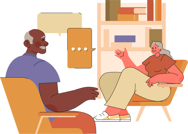 Elder couple having a leisure talk while seated at home  Illustration