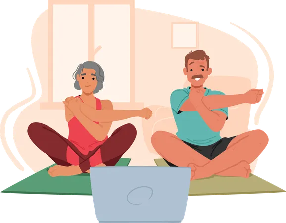 Senior Couple Characters Attentively Watches A Sports Training Video On A Laptop Embracing Modern Technology To Stay Active And Learn New Skills Fitness Together Cartoon People Vector Illustration Illustration