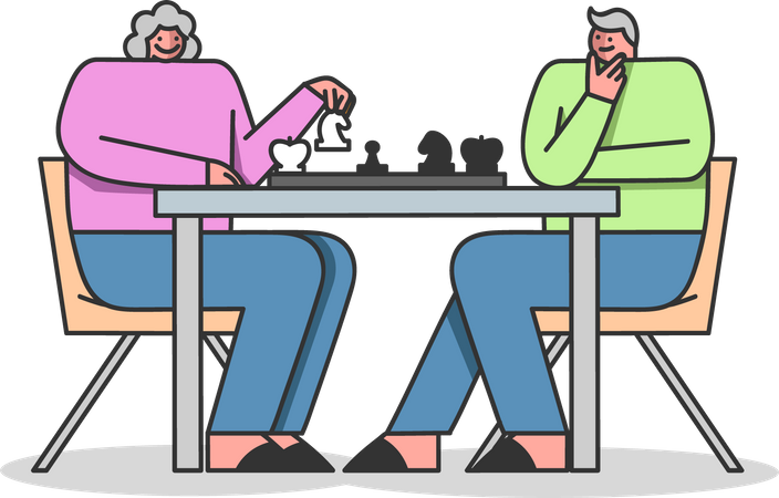 Elder couple playing chess together Illustration