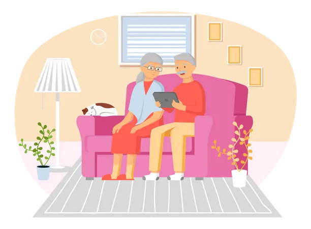 Elder couple using using mobile tablet Illustration