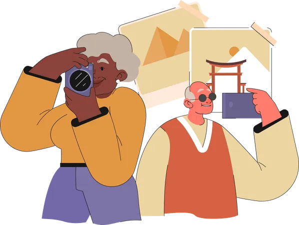 Elder couple visiting and capturing sights at tourist location  Illustration