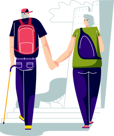 Elder man and woman with backpacks Illustration
