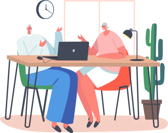 Elder man and woman working at office  Illustration