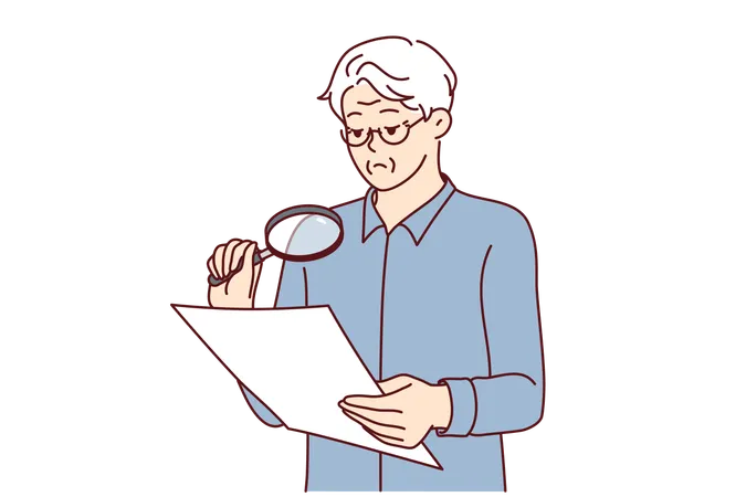 Experienced Businessman Is Checking Legal Contract Using Magnifying Glass To Read Fine Print Elderly Man Holds Document And Carefully Studies All Clauses Of Contract Before Signing Or Sealing 일러스트레이션