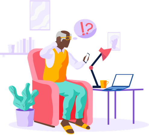 Elder man learns new technologies and communicate through laptop  Illustration